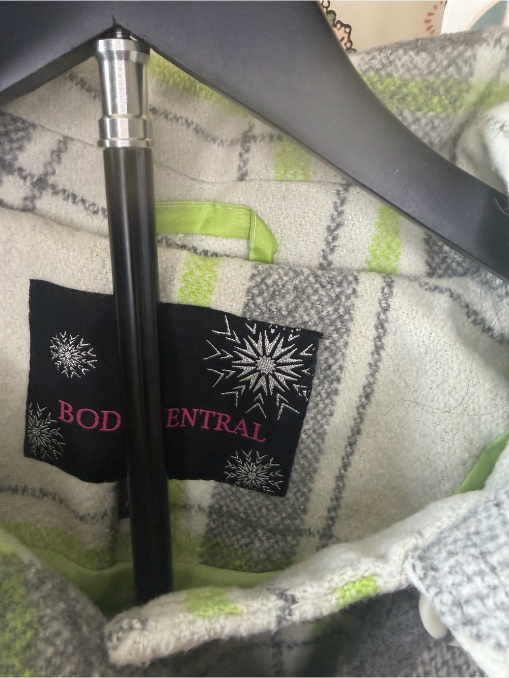 Body Central Gray, White & Lime Plaid Double-Breasted Pea Coat - Picture 3 of 4